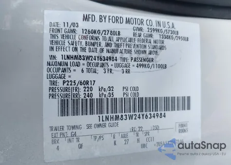 2004 Lincoln Town Car Ultimate из США, поврежденный, VIN 1LNHM83W24Y634984